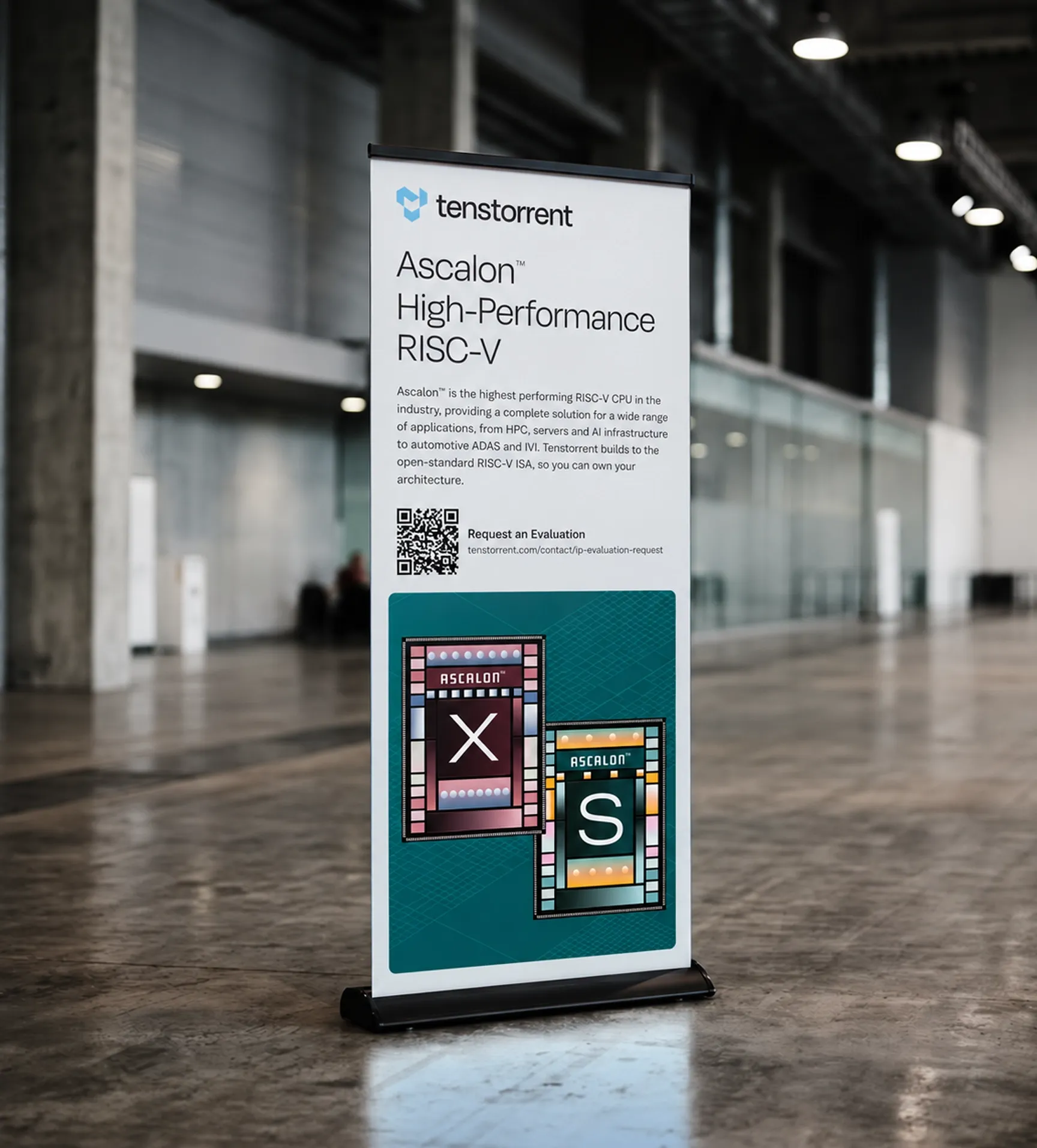 Tenstorrent Ascalon high-performance RISC-V standee in the conference corridor
