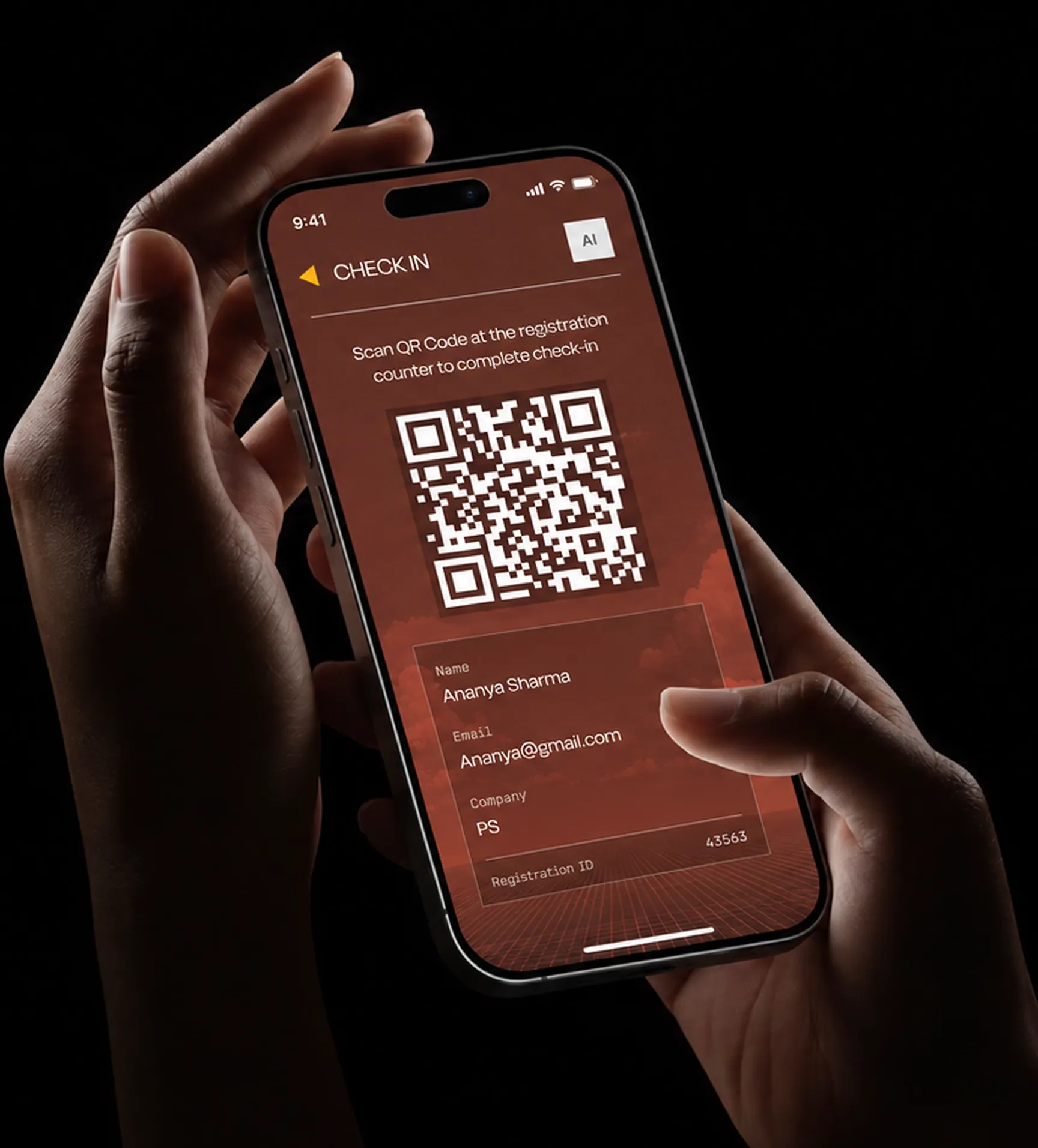 The Open Frontier event app check-in screen with QR code on a phone