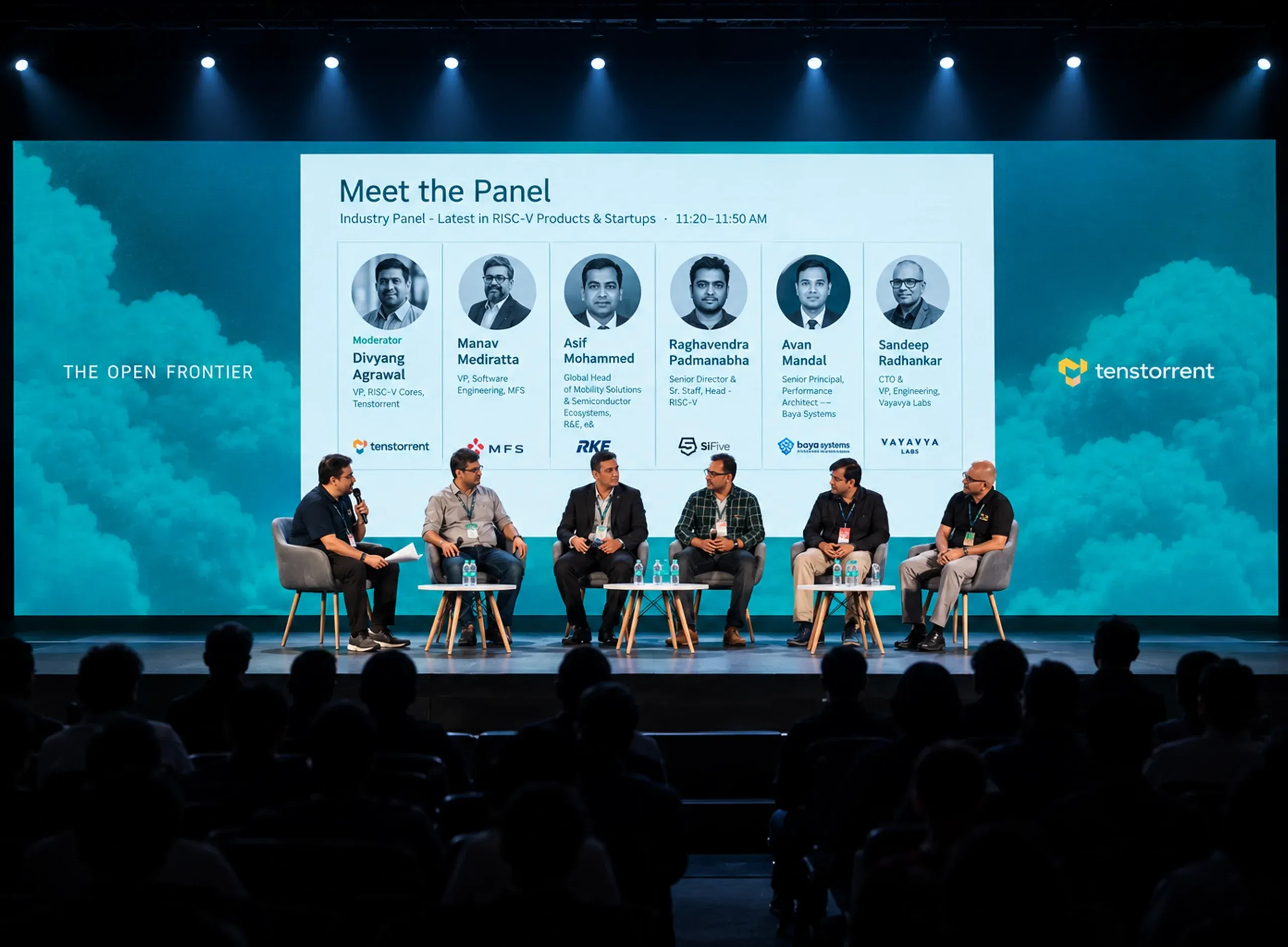 RISC-V industry panel seated on stage under a "Meet the Panel" LED screen at The Open Frontier
